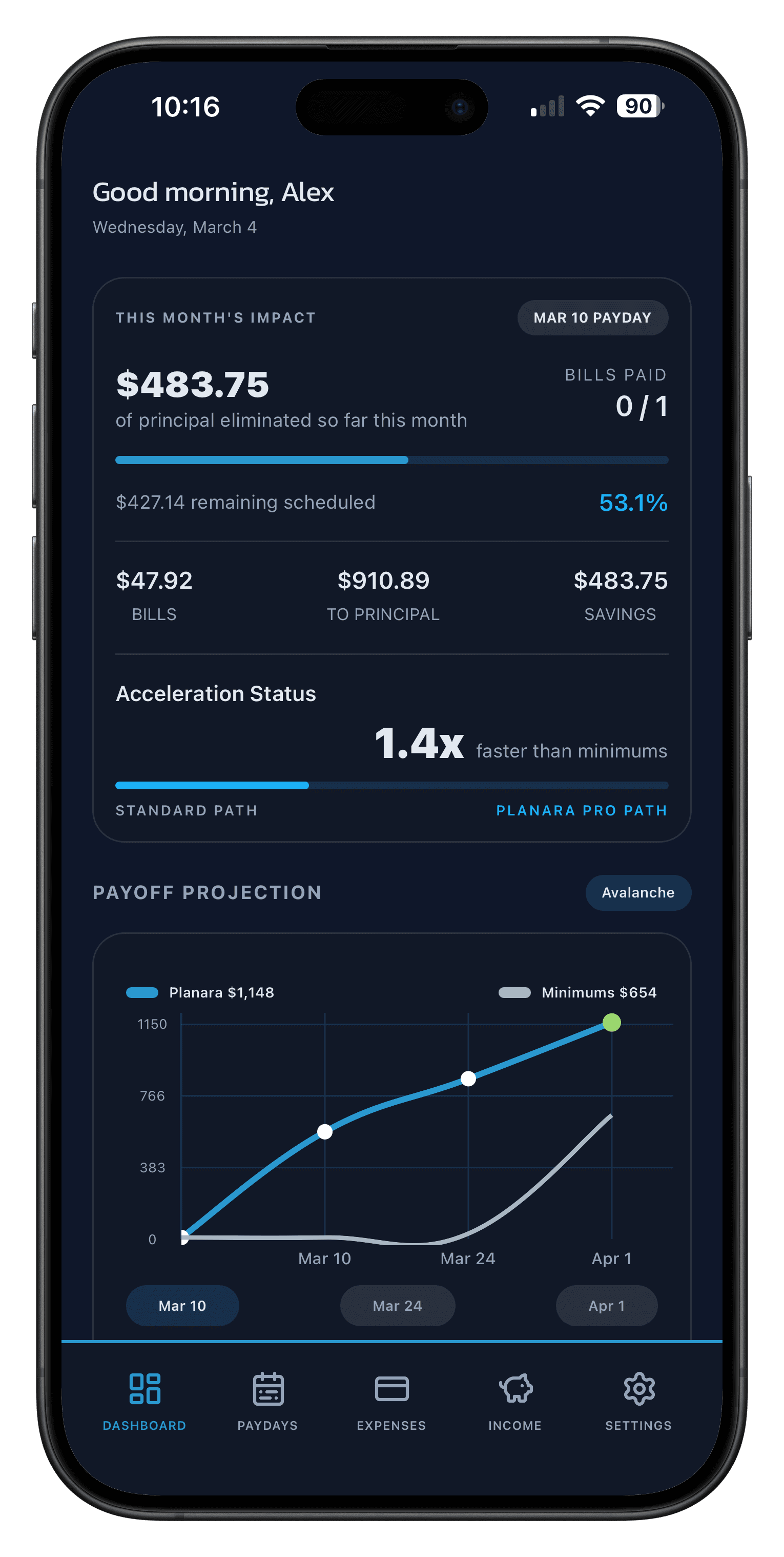 Planara app mockup showing paycheck planning and bill tracking.