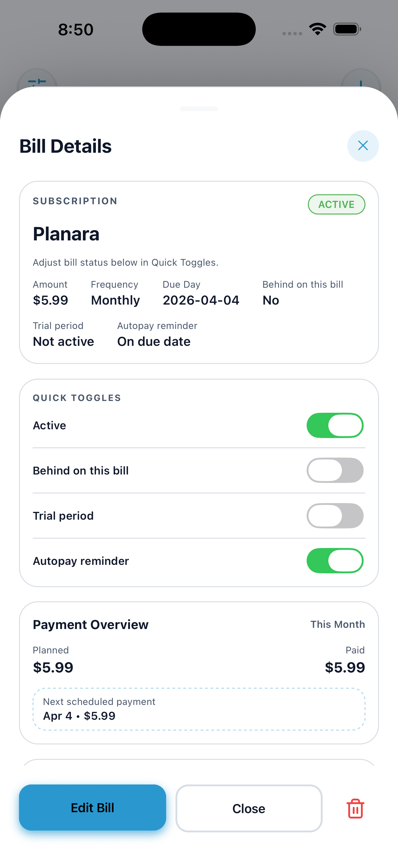Planara payday plan screen showing paycheck allocations, debt payoff, savings, and monthly progress