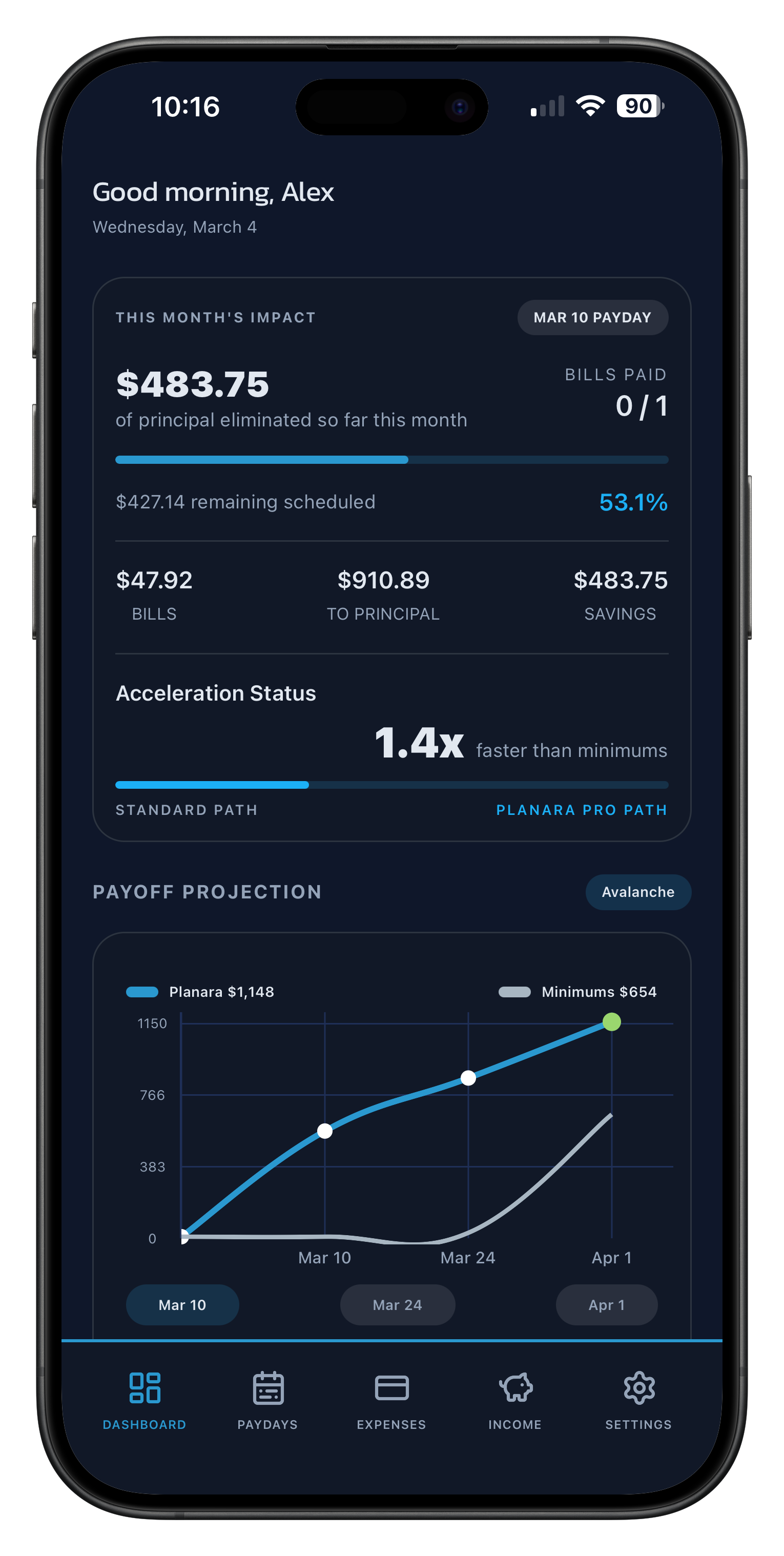 Planara app mockup showing paycheck planning and bill tracking.